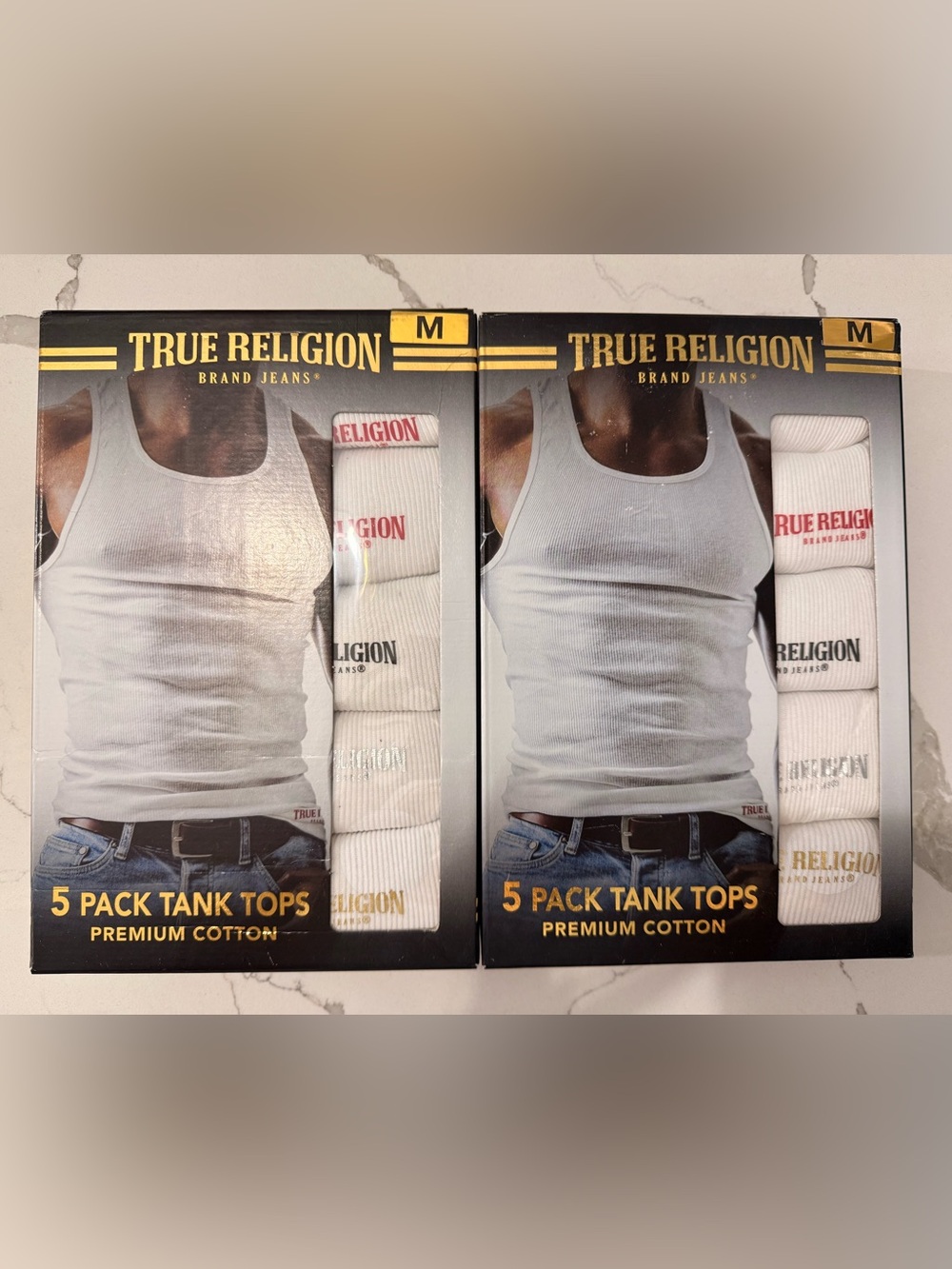 True Religion White Ribbed Tank Tops New in Box - 5 Pack (2Boxes) Size Medium.